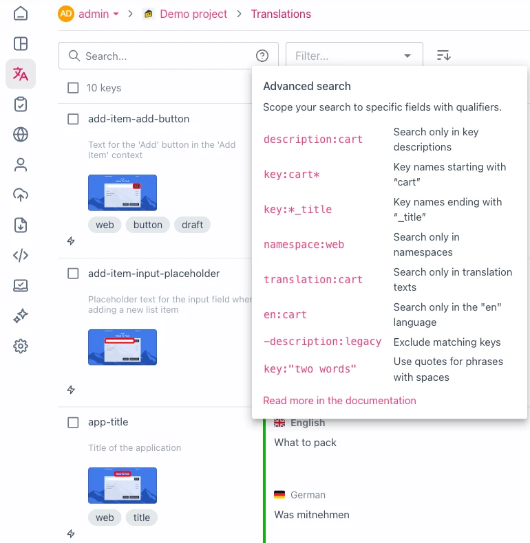 Search syntax help popover in the translations view