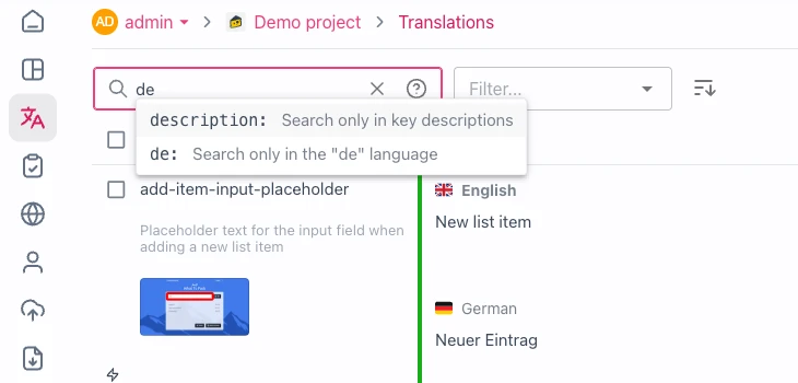 Search suggestions offering scoped search qualifiers in the translations view