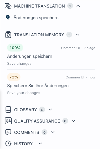 Translation memory matches in the editor