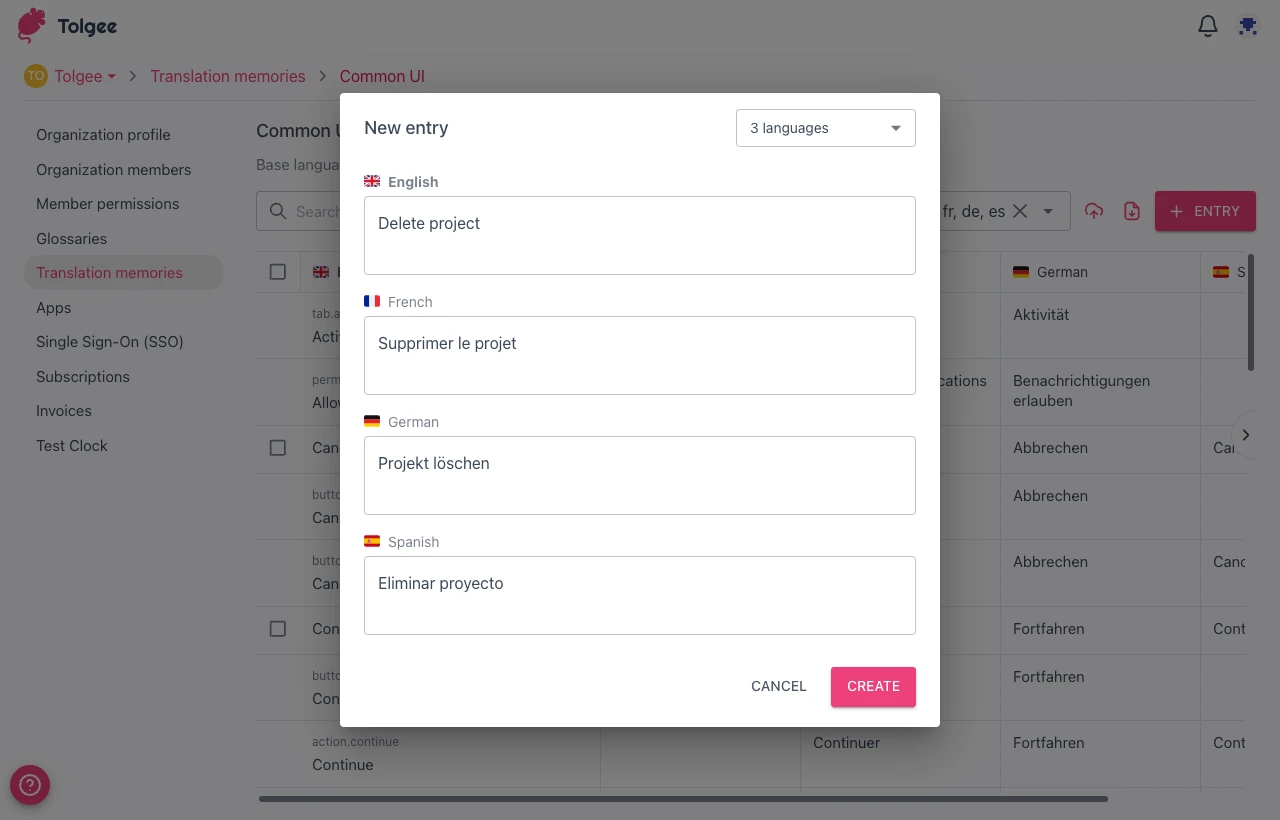 Add a manual translation memory entry