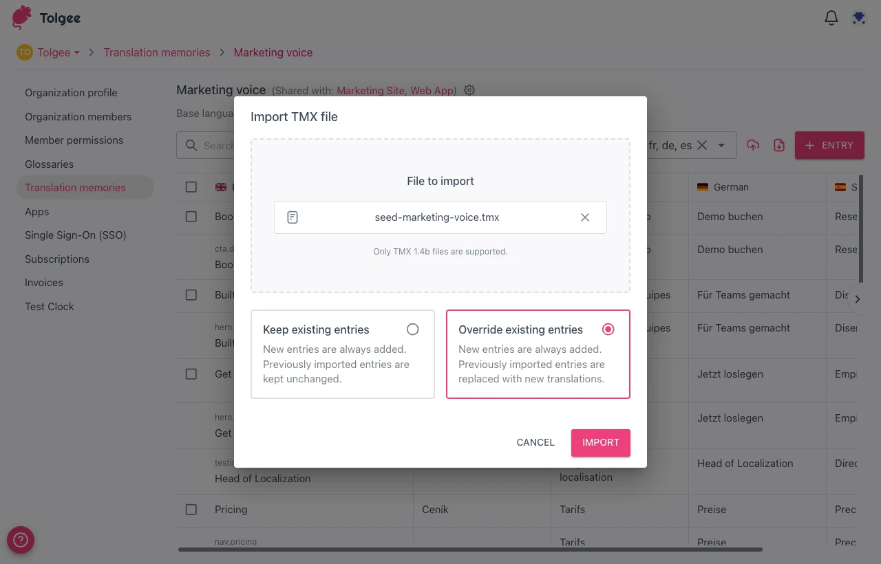 Import TMX dialog